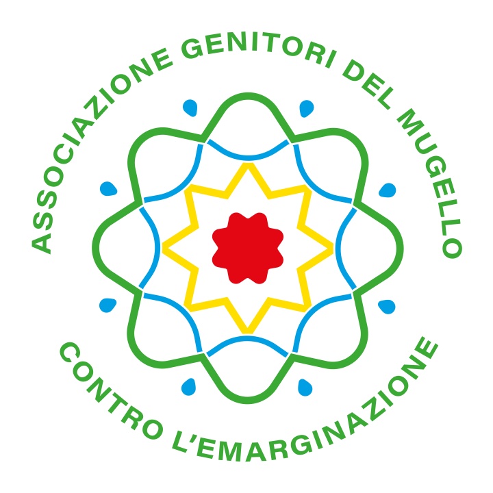 Il logo dell'associazione: al centro un fiore rosso, attorno una stella gialla a otto punte e due anelli a otto lobi intrecciati, uno azzurro e uno verde; intorno gocce azzurre e la scritta Associazione Genitori del Mugello contro l'emarginazione.